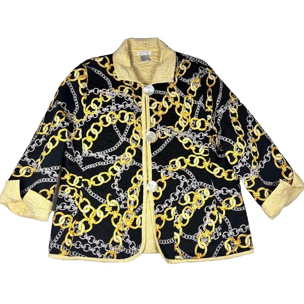 Baroque Chain Print Jacket XL Black Gold Quilted Lightweight Button Front